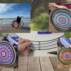 Könnte beinhalten: Ein Rollstuhl mit einer bunten gehäkelten Radabdeckung. Die Abdeckung ist ein Mandala-Design in den Farben Pink, Lila, Grün und Blau. Der Rollstuhl steht auf einer Holzoberfläche.