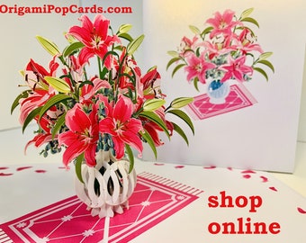 Lush Pink Oriental Lilies in a Vase 3D Pop Up Greeting Card Happy Birthday Love Handmade with Love Shop Online https://origamipopcards.com/