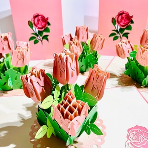 Pink Rose Bouquet Karte - erstellt von Origami Pop Cards Sydney Australia 3D Papier Pop Up Karten - OrigamiPopCards.com Hand Made With Love