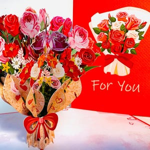 FOR YOU Pink & Red Rose Flower Bouquet Happy Birthday Handmade with Love - 3D Pop Up Greeting Card Shop Online https://origamipopcards.com/