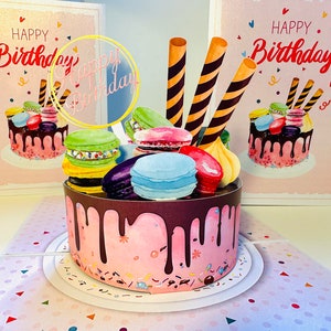 Happy Birthday Cake with Colourful Macarons Handmade by Origami Pop Cards 3D Pop Up Greeting Card Shop Online https://origamipopcards.com/