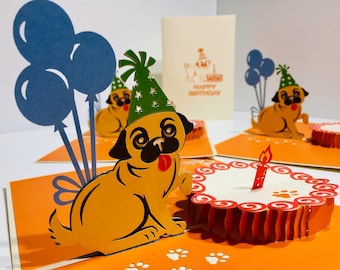 Tarjetas de origami pop - Pastel de feliz cumpleaños con un carlino adorable - Tarjeta de felicitación 3D pop-up - Hecha a mano con amor - Tamaño 12 x 17 cm