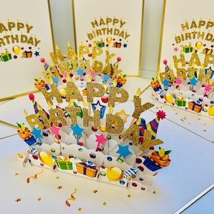 Luxury HAPPY BIRTHDAY with Presents & Stars Embossed in Gold 3D Pop Up Greeting Card Handmade with Love Shop @ https://origamipopcards.com/