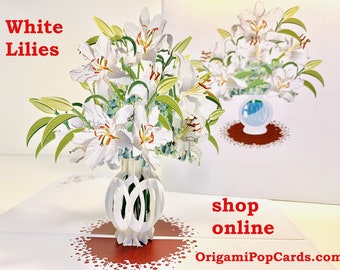 Lush White Oriental Lilies in a Vase 3D Pop Up Greeting Card Happy Birthday Love Handmade with Love Shop Online https://origamipopcards.com/