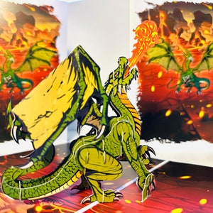 GREEN Fire Breathing Dragon 3D Pop Up Greeting Card Happy Birthday Handmade by Origami Pop Cards Shop Online https://origamipopcards.com/