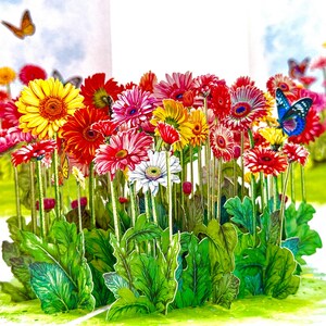 May include: A colorful pop-up card featuring a vibrant garden of gerbera daisies in shades of red, yellow, pink, and white. Green leaves and stems support the flowers, with butterflies fluttering above. The card is set against a light blue sky.