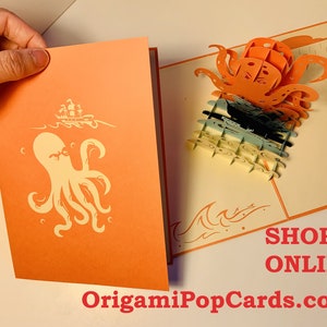 Happy Birthday KRAKEN Orange Octopus Attacking Blue Pirate Ship 3D Pop Up Greeting Card Handmade Shop Online https://origamipopcards.com/