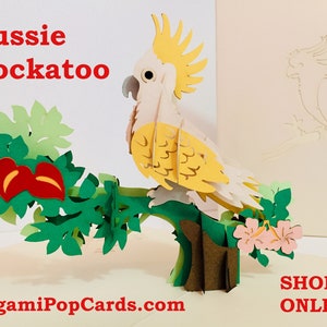 Cartão de felicitações pop-up 3D de pássaro australiano com cacatua de crista branca e enxofre, feliz aniversário, feito à mão com amor, compre em https://origamipopcards.com/