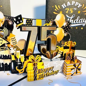 75th Golden Happy Birthday with Presents Cakes & Balloons Pop Up Greeting Card Handmade with Love Shop Online https://origamipopcards.com/