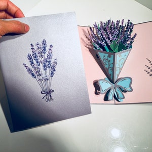 Lavender Bouquet Wrapped in Blue Ribbon - Created by Origami Pop Cards - 3D Paper Pop Up Cards - OrigamiPopCards.com Happy Mother's Day Card