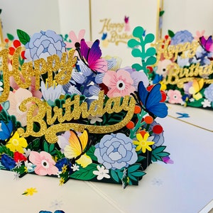 Luxury Gold Happy Birthday Spring Flower Garden & Butterfly 3D Pop Up Greeting Card Handmade with Love Shop at https://origamipopcards.com/