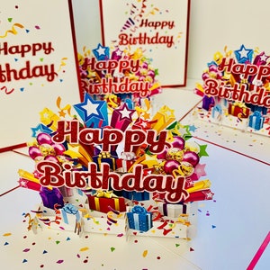 Luxus Pop Up Karte Happy Birthday mit Geschenken 3D - erstellt von OrigamiPop Cards, - OrigamiPopCards.com Hand Made with Love