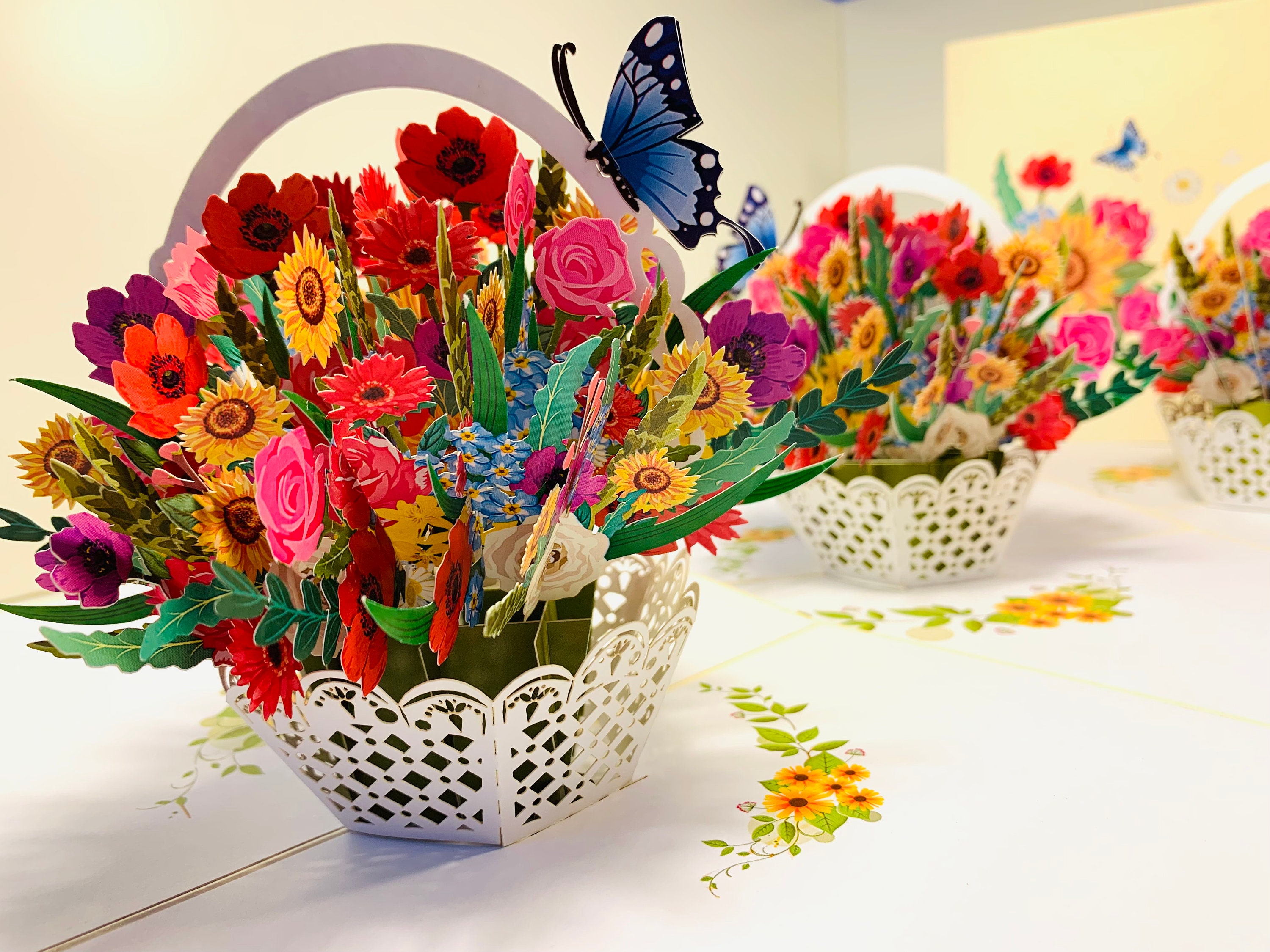 CREAM Spring Colourful Flower Basket 3D Pop up Greeting Card Happy ...
