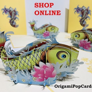 Gold Koi japanische Fisch Karte - erstellt von Origami Pop Cards Sydney Australia 3D Papier Pop Up Karten - OrigamiPopCards.com Hand Made with Love