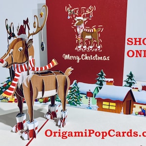 Rudolph the Red-Nosed Reindeer Card - Created by OrigamiPopCards.com, Sydney Australia - 3D Magicial Paper Pop Up Cards - Christmas Greeting