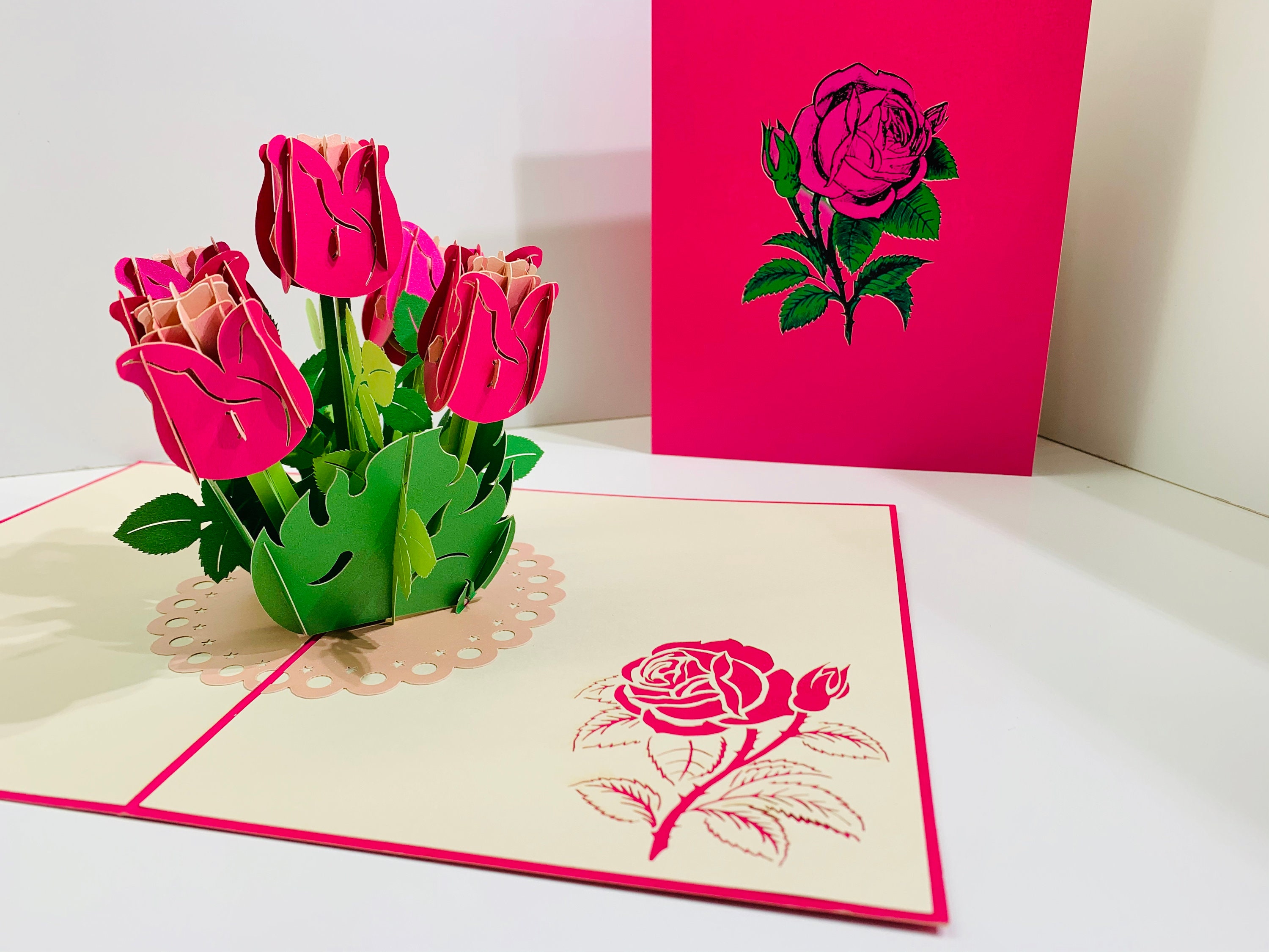 Hot Pink Rose Bouquet Card - Created by Origami Pop Cards - 3D Magical ...
