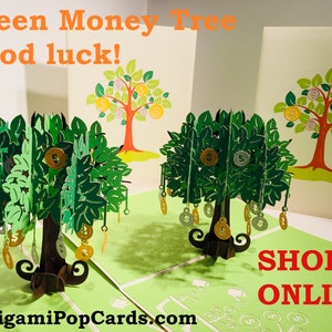 Tarjeta de buena suerte con Árbol del Dinero Verde - Creada por Origami Pop Cards, Australia - Tarjetas 3D de papel desplegable - OrigamiPopCards.com Hechas a mano con amor