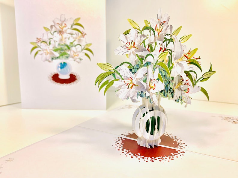 Lush White Oriental Lilies in a Vase 3D Pop up Greeting Card Happy ...