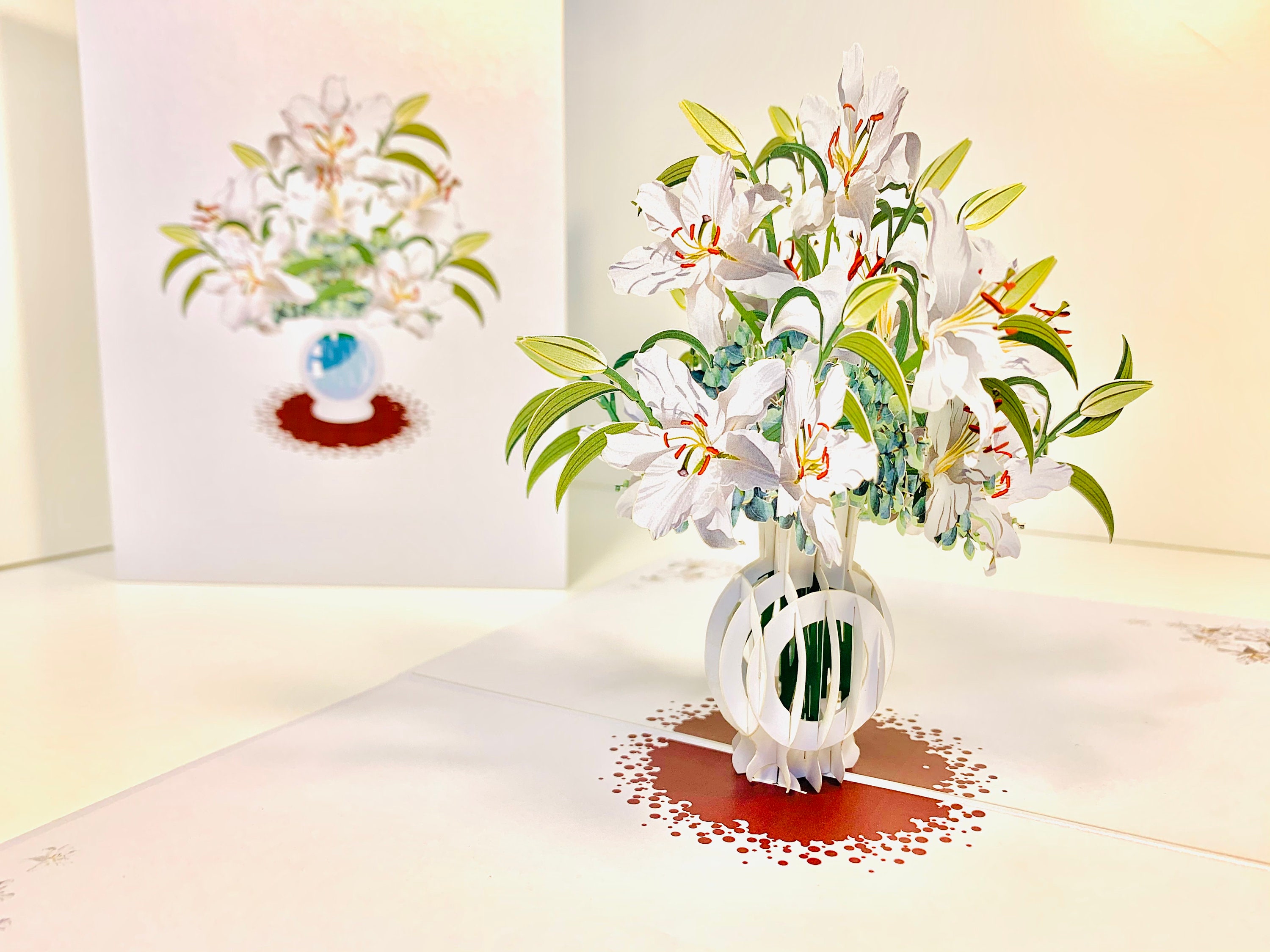 Lush White Oriental Lilies in a Vase 3D Pop up Greeting Card Happy ...