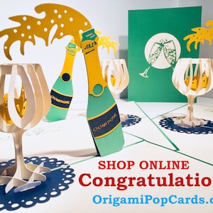 Champagner Flasche mit Durchsichtig Glas Erstellt von Origami Pop Cards, Sydney Australia 3D Papier Pop Up Karten OrigamiPopCards.com Hand gemacht
