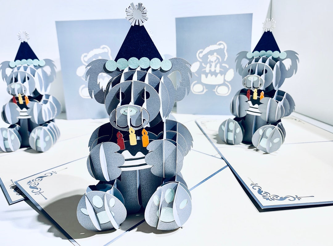 Silver Grey Birthday Teddy Bear Card - Created by Origami Pop Cards ...