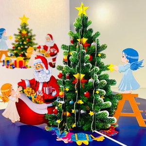 Santa Claus & Baby Angels Decorate Christmas Tree 3D Pop Up Merry Christmas Greeting Card Handmade Shop Online https://origamipopcards.com/