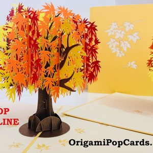 Fächerahorn-Baum in Orange, Rot Gelb Karte - erstellt von Origami Pop Cards 3D Papier Pop Up Karten OrigamiPopCards.com Hand Made with Love