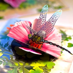Dragonfly Attracting Cosmos Flowers Garden 3D Pop Up Greeting Card Happy Birthday Origami Pop Cards Shop Online https://origamipopcards.com/