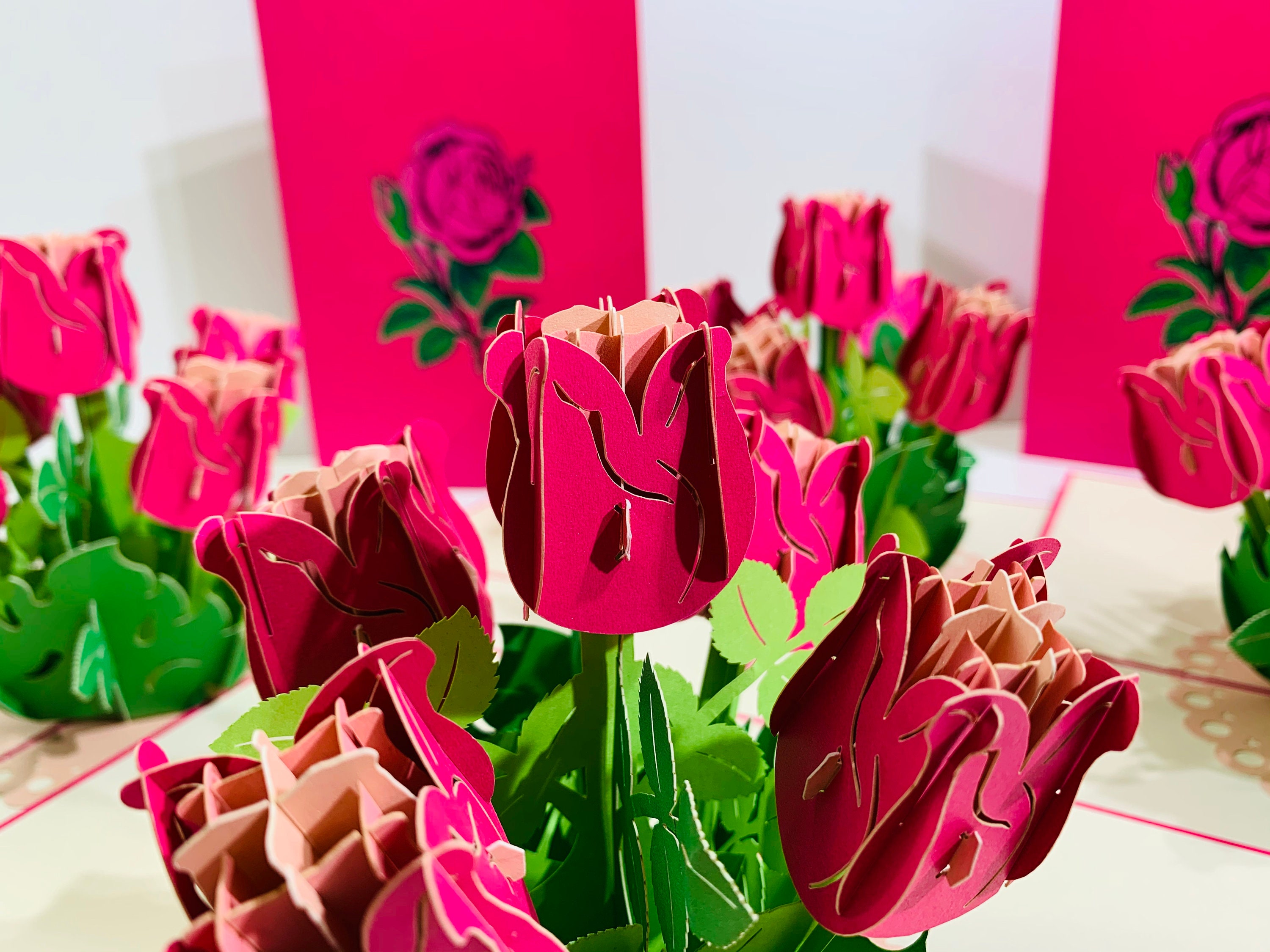 Hot Pink Rose Bouquet Card - Created by Origami Pop Cards - 3D Magical ...