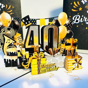 40th Golden Happy Birthday with Presents Cakes & Balloons Pop Up Greeting Card Handmade with Love Shop Online https://origamipopcards.com/