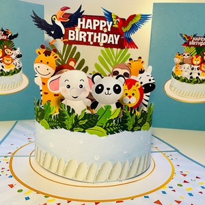 Happy Birthday Cake Safari Baby Jungle Party Handmade by Origami Pop Cards 3D Pop Up Greeting Card Shop Online https://origamipopcards.com/