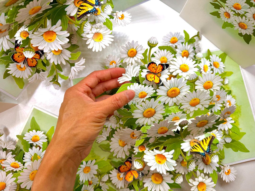 White Daisy Garden With Butterflies 3D Pop up Greeting Card Handmade ...