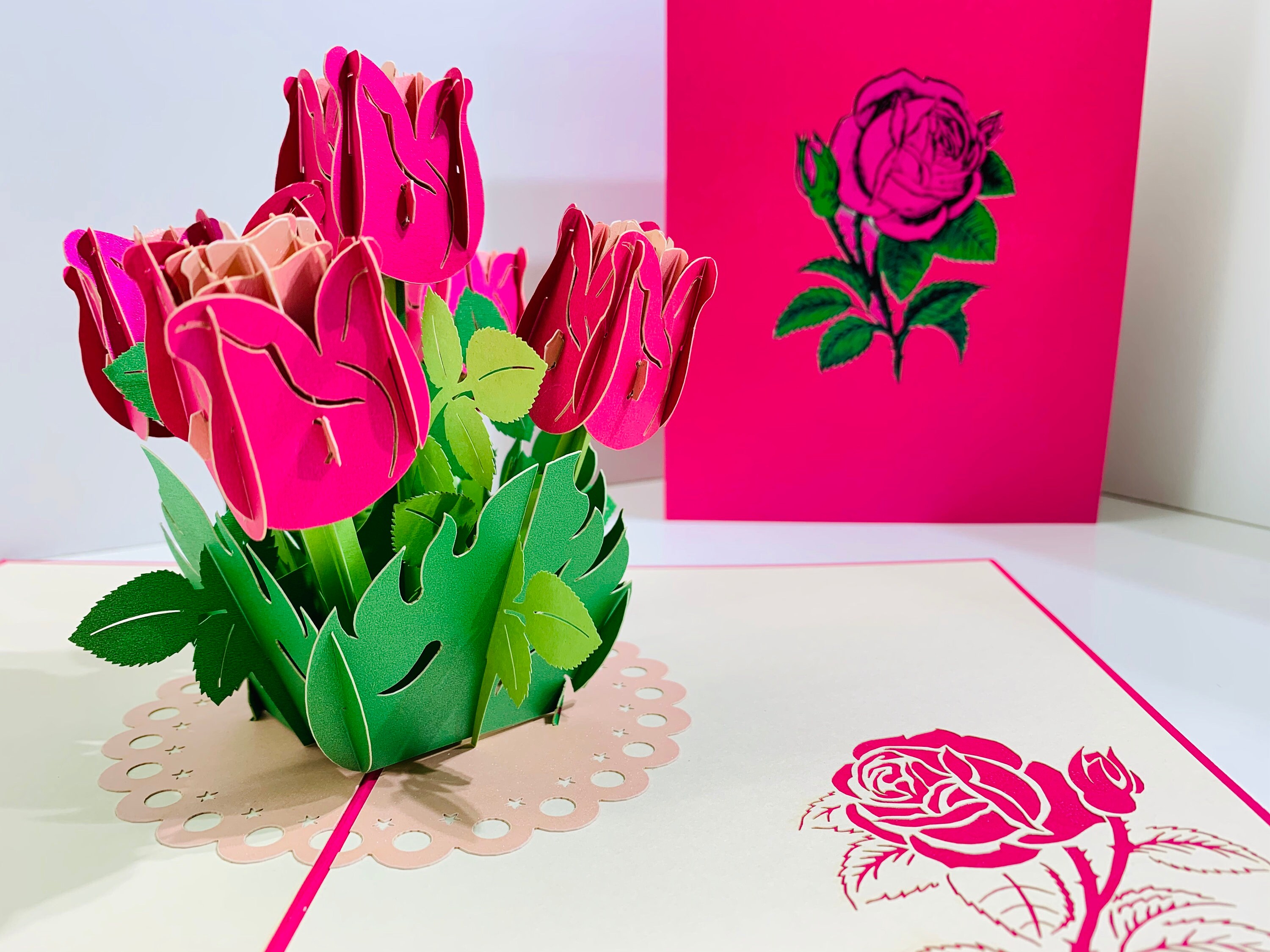 Hot Pink Rose Bouquet Card - Created by Origami Pop Cards - 3D Magical ...