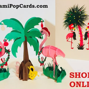 Weihnachtsrosa Flamingos Karte Erstellt von Origami Pop Cards, Sydney Australia 3D Papier Pop Up Karten OrigamiPopCards.com Hand Made with Love