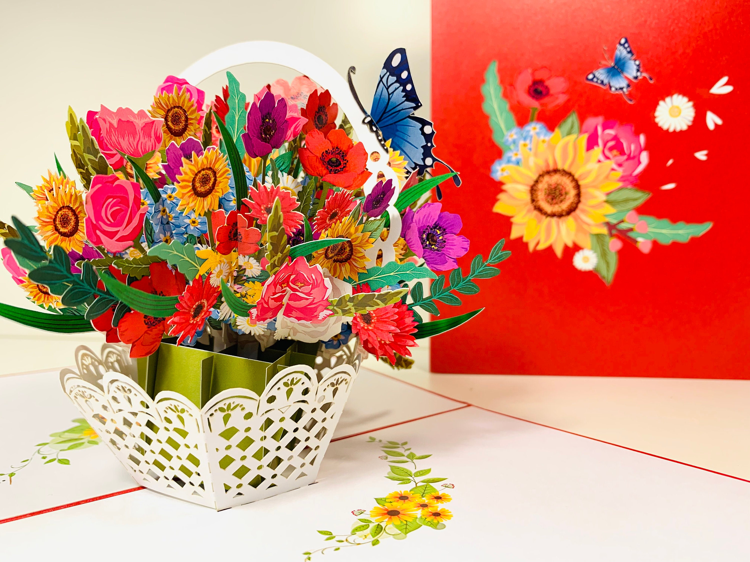 RED Spring Colourful Flower Basket 3D Pop up Greeting Card Happy ...