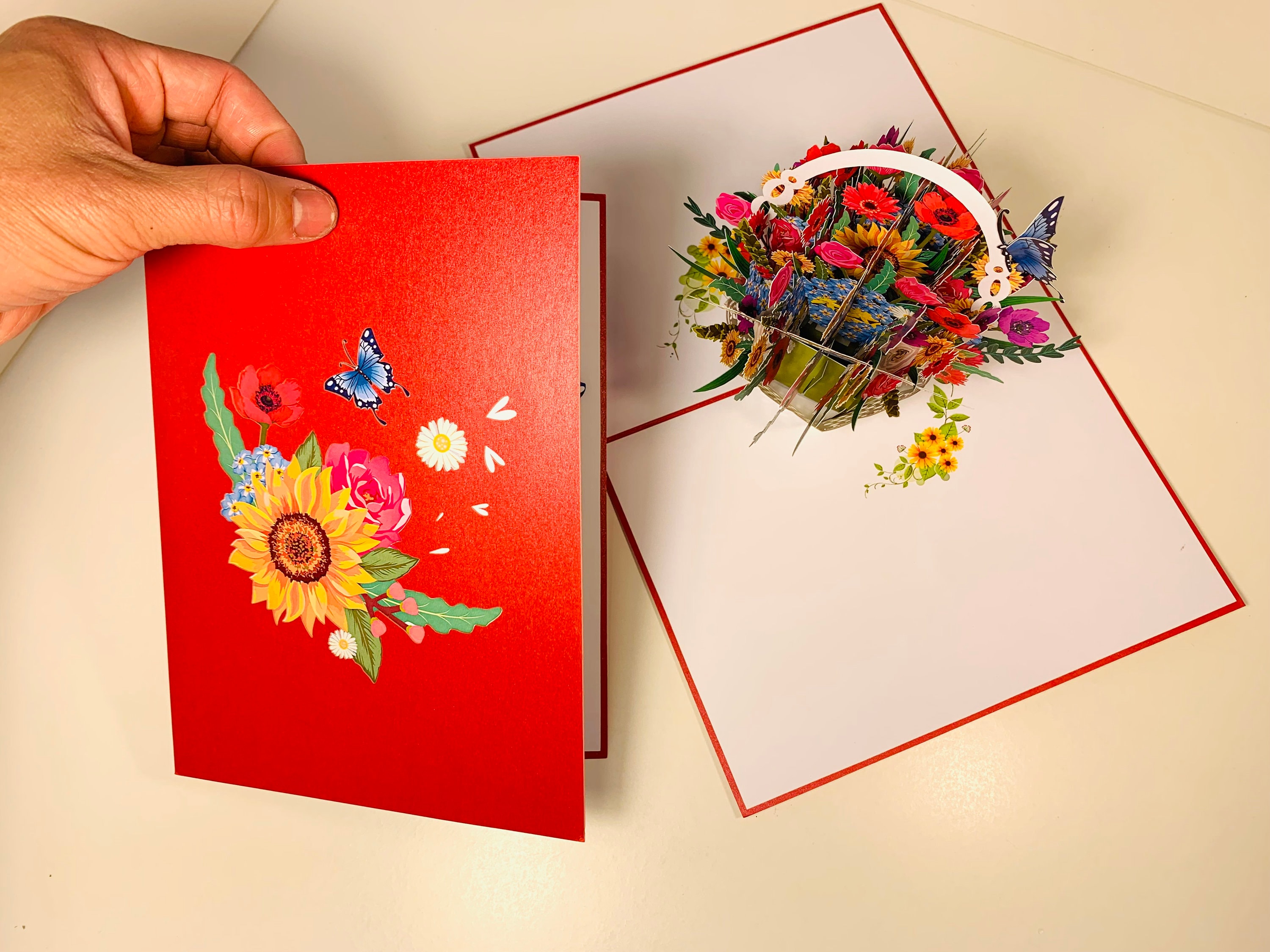RED Spring Colourful Flower Basket 3D Pop up Greeting Card Happy ...