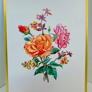 May include: A white card with a gold border features a watercolor painting of a bouquet of flowers. The bouquet includes a large orange rose, a smaller pink rose, and several small yellow flowers. The flowers are arranged in a loose, natural style.