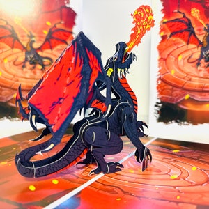 Carte de voeux pop-up 3D avec dragon cracheur de feu NOIR Joyeux anniversaire fait main en origami Achat de cartes pop en ligne https://origamipopcards.com/