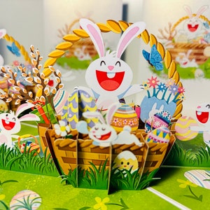 Carte de voeux pop-up 3D Oeuf de lapin, panier de lapin de Pâques, fleurs printanières, Origami Pop Cards - ACHETER EN LIGNE https://origamipopcards.com/