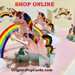 Roze moeder en baby eenhoornkaart - pop-kaarten gemaakt door origami - 3D magische papieren pop-upkaarten - Sydney, Australië