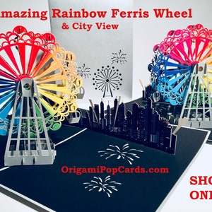 Regenbogen Riesenrad & Stadtansicht Karte Erstellt von Origami Pop Cards, Sydney Australia 3D Papier Pop Up Karten OrigamiPopCards.com Handgemacht