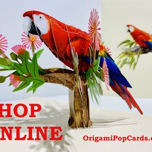 Puede incluir: Una tarjeta pop-up 3D con dos guacamayos rojos y azules posados en una rama de árbol con flores rosas. La tarjeta está hecha por OrigamiPopCards.com y dice "SHOP ONLINE" en la parte delantera.