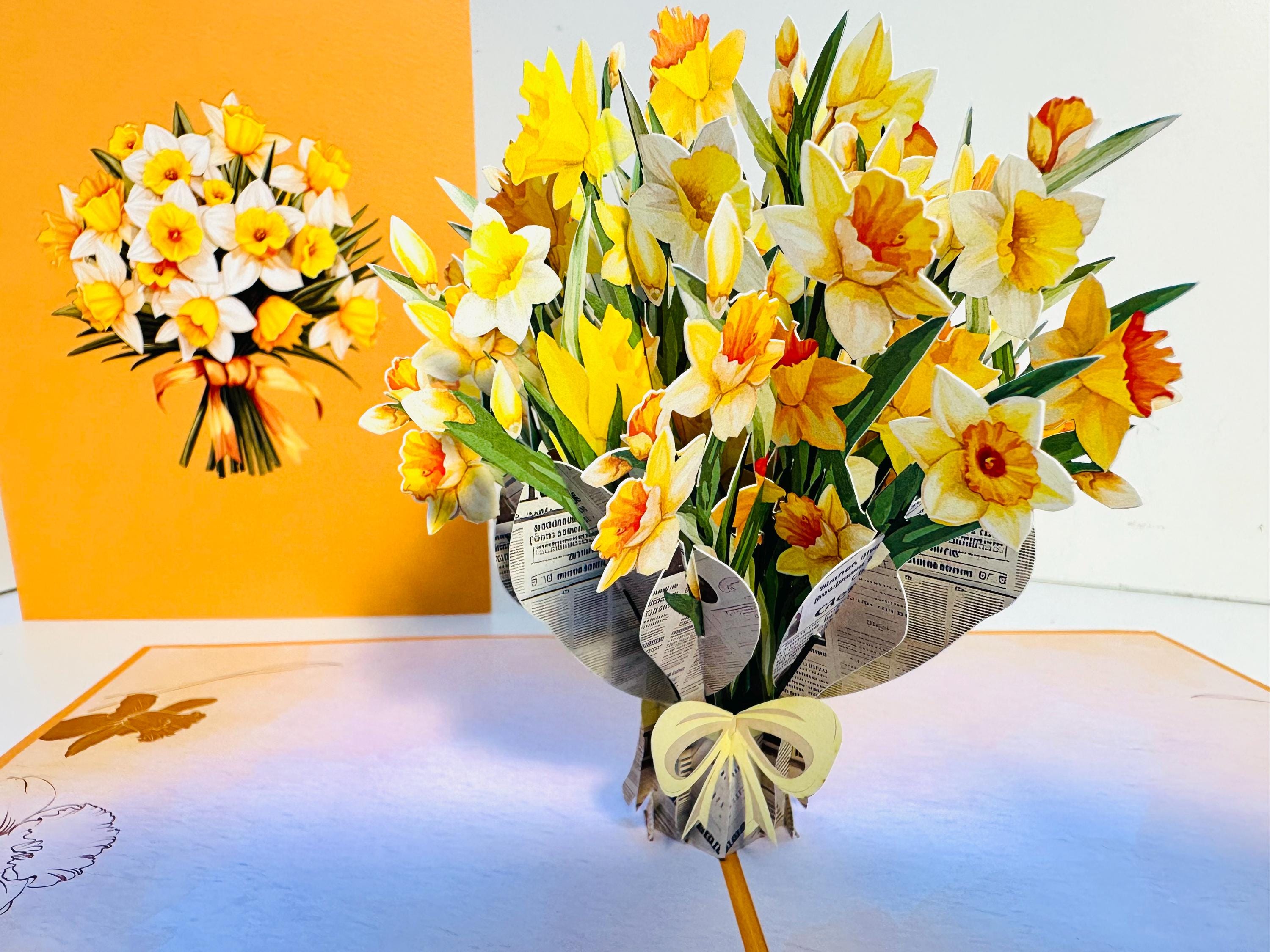ORANGE Cover - Spring Daffodil Bloom Flower Bouquet Happy Birthday - 3D Pop Up Greeting Card Shop Online https://origamipopcards.com/