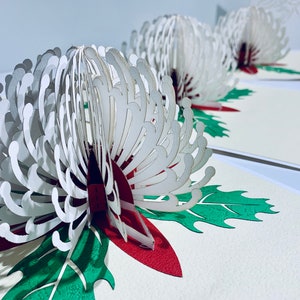 Waratah Australian Native Blume in Weiß Erstellt von Origami Pop Cards Sydney 3D Papier Pop Up Karten OrigamiPopCards.com Hand Made With Love