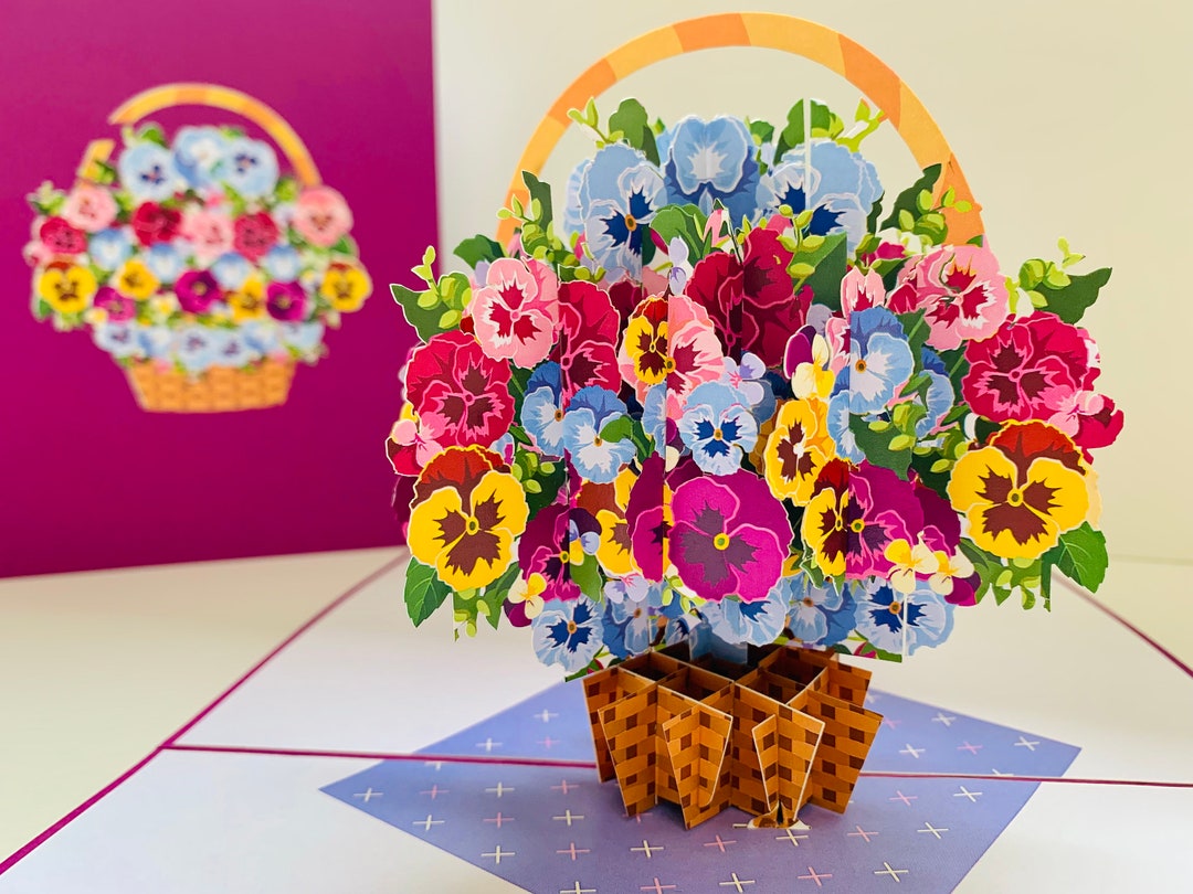 Gorgeous Pansies Flower Basket 3D Pop up Greeting Card Happy Birthday ...