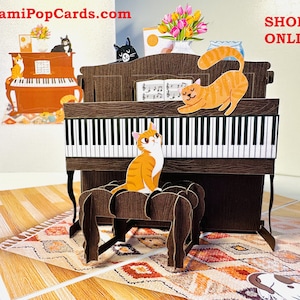 Miaous, des chats musicaux majestueux sur un piano, des cadeaux parfaits pour les amateurs de chats fous - Cartes de voeux pop-up 3D à acheter en ligne https://origamipopcards.com/