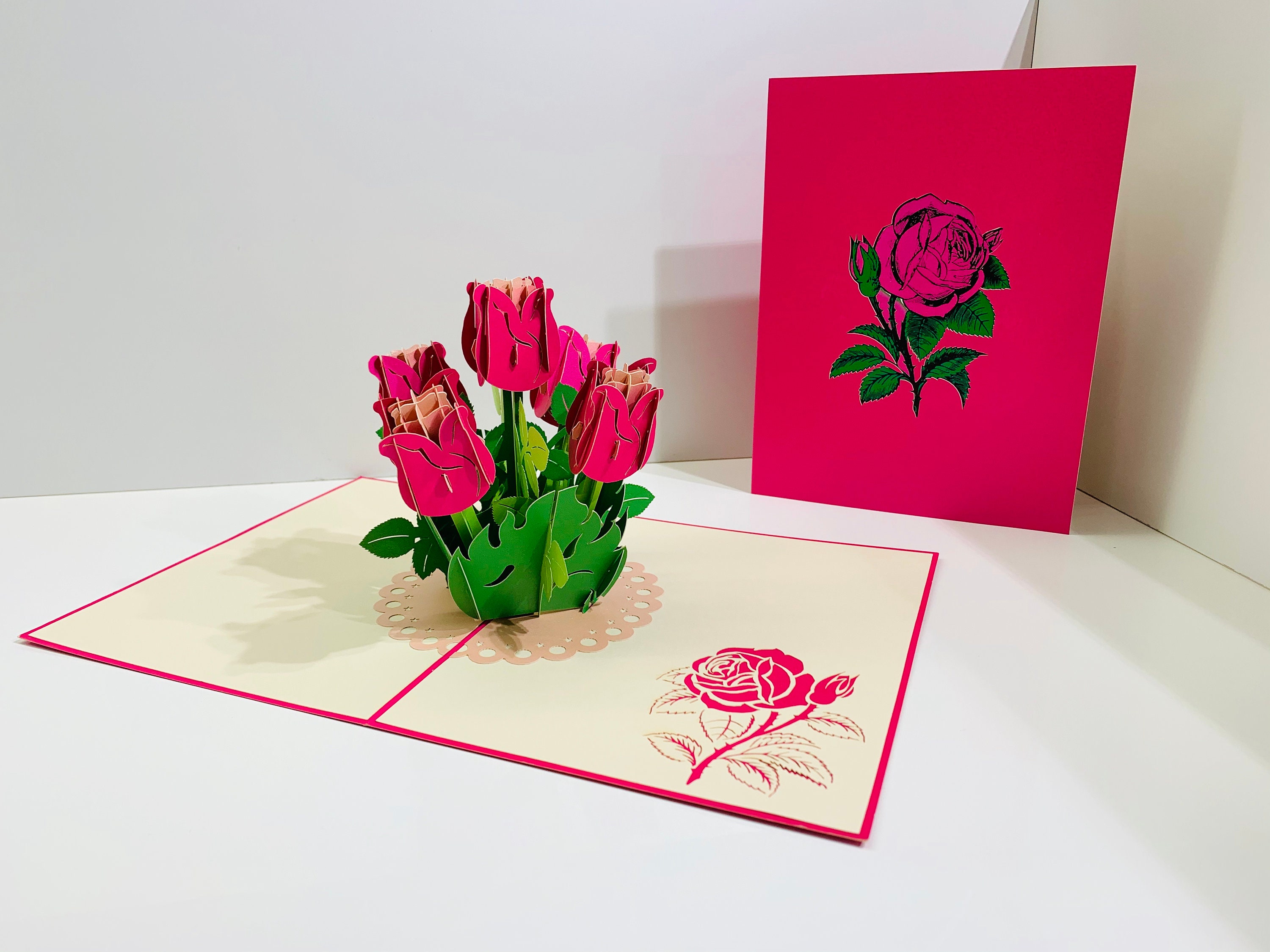 Hot Pink Rose Bouquet Card - Created by Origami Pop Cards - 3D Magical ...