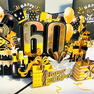 60th Golden Happy Birthday with Presents Cakes & Balloons Pop Up Greeting Card Handmade with Love Shop Online https://origamipopcards.com/