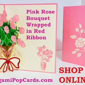 Pink Rose Bouquet eingewickelt in rotem Band erstellt von Origami Pop Cards, Sydney Australia 3D Papier Pop Up Karten OrigamiPopCards.com handgemacht