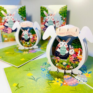 Carte de voeux pop-up 3D Happy Easter Bunny Egg House faite main avec amour par Origami Pop Cards - ACHETER EN LIGNE https://origamipopcards.com/